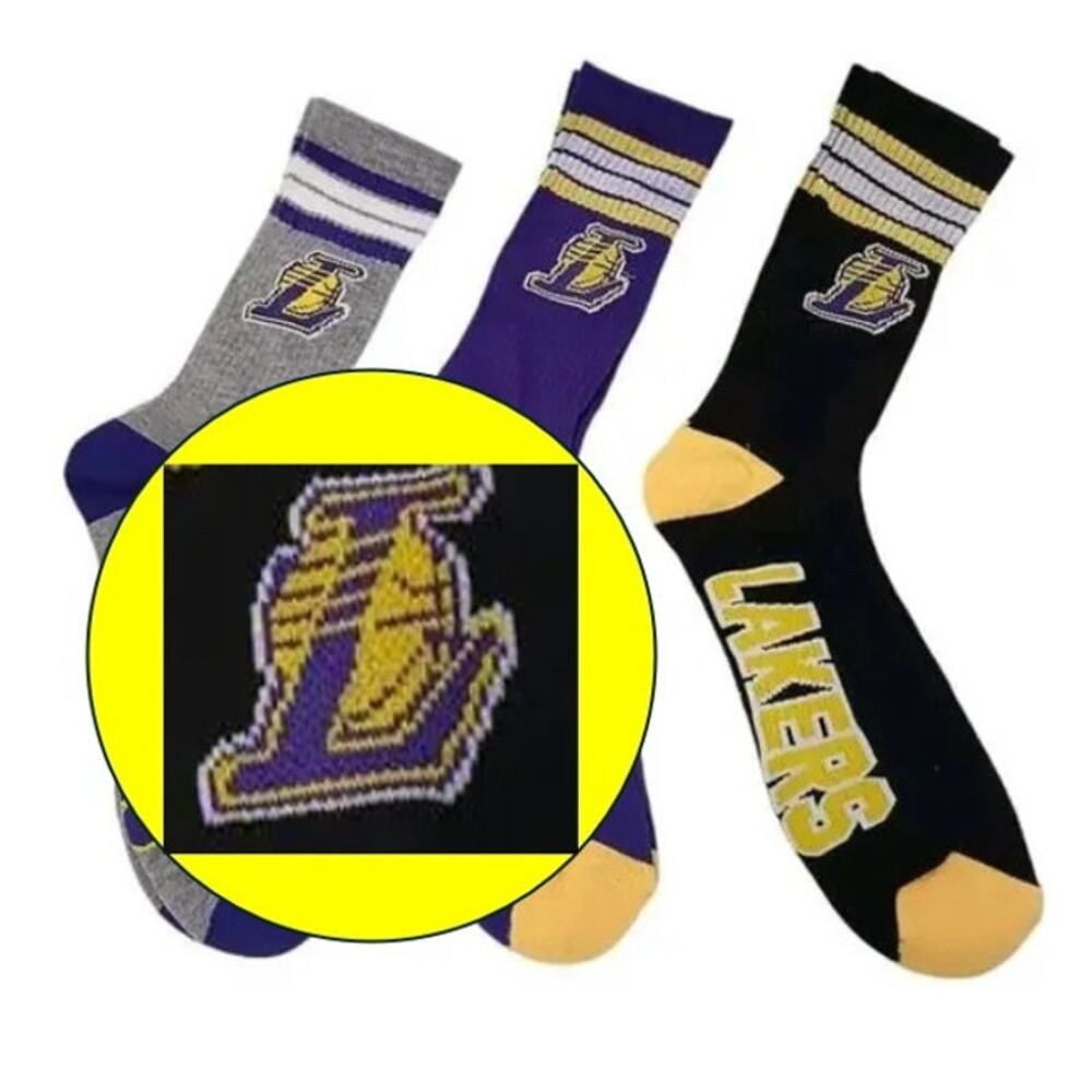3 Pairs NBA Los Angeles LAKERS CREW Socks Men's Size 6-12 Sporty Tube Official